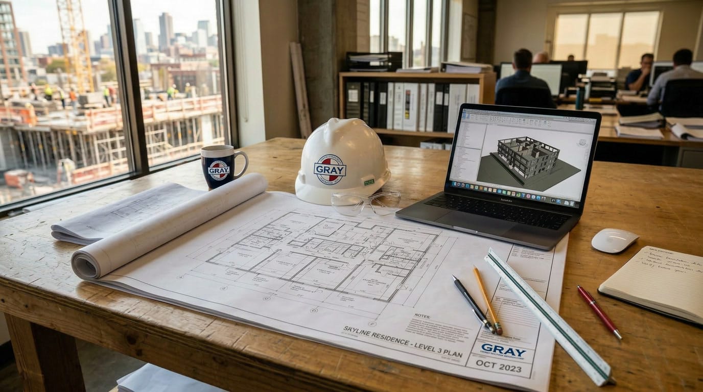 Pre-Construction Planning — blueprints and hard hat on desk